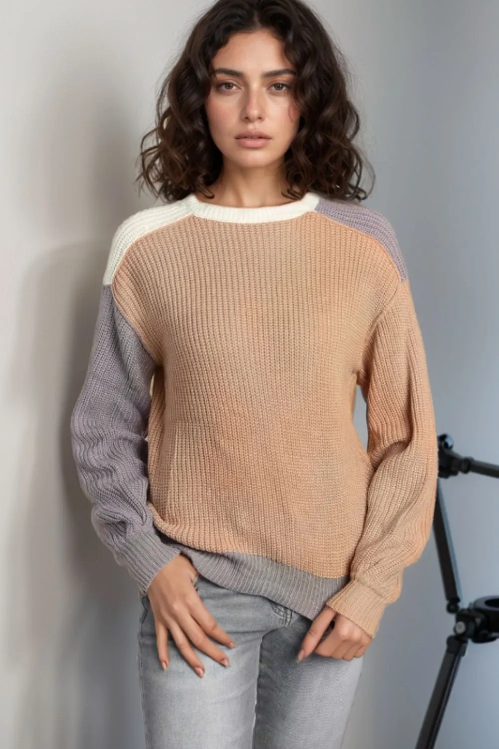 Color Block Round Neck Drop Shoulder Sweater - Ships 11/29