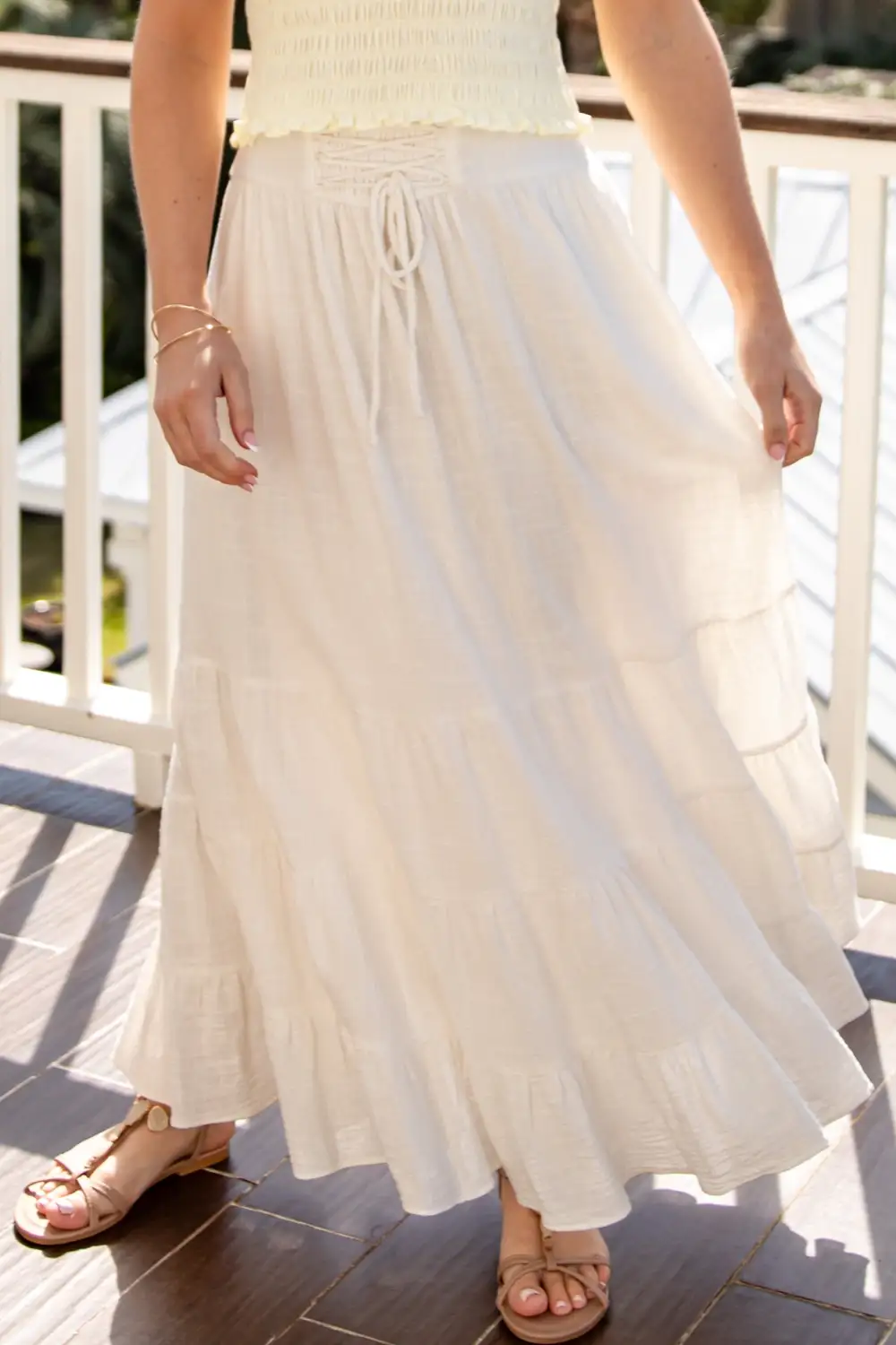 Travel Mid Rise Elastic Waist Drawstring Maxi Skirt
