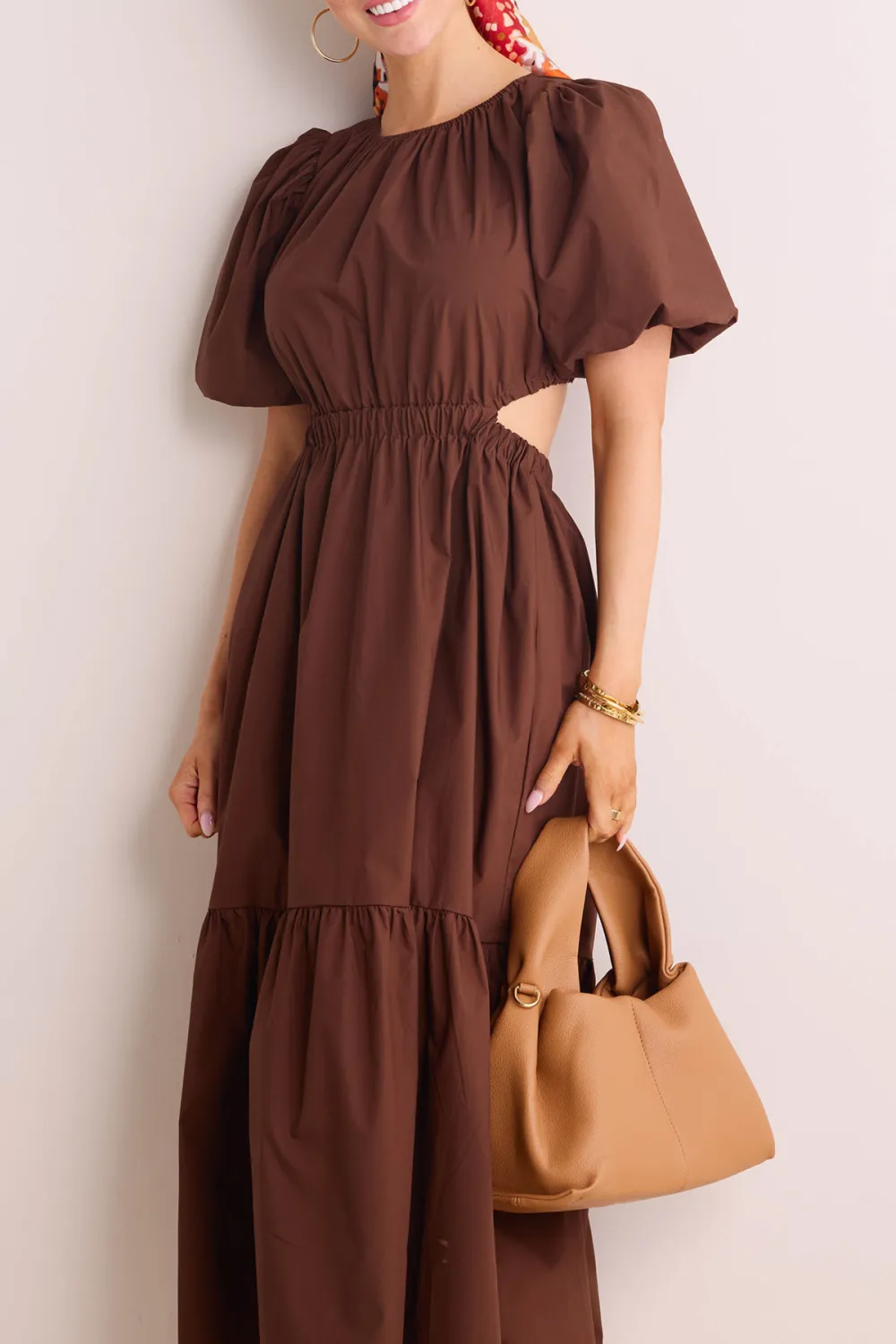 Brown Puff Sleeve Tiered Maxi Dress