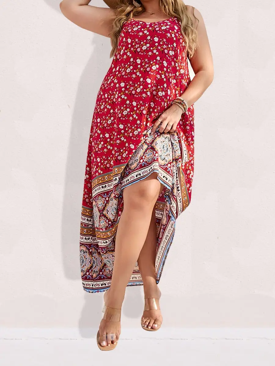 Spirit and Rebel Plus Size Floral Print Boho Maxi Dress