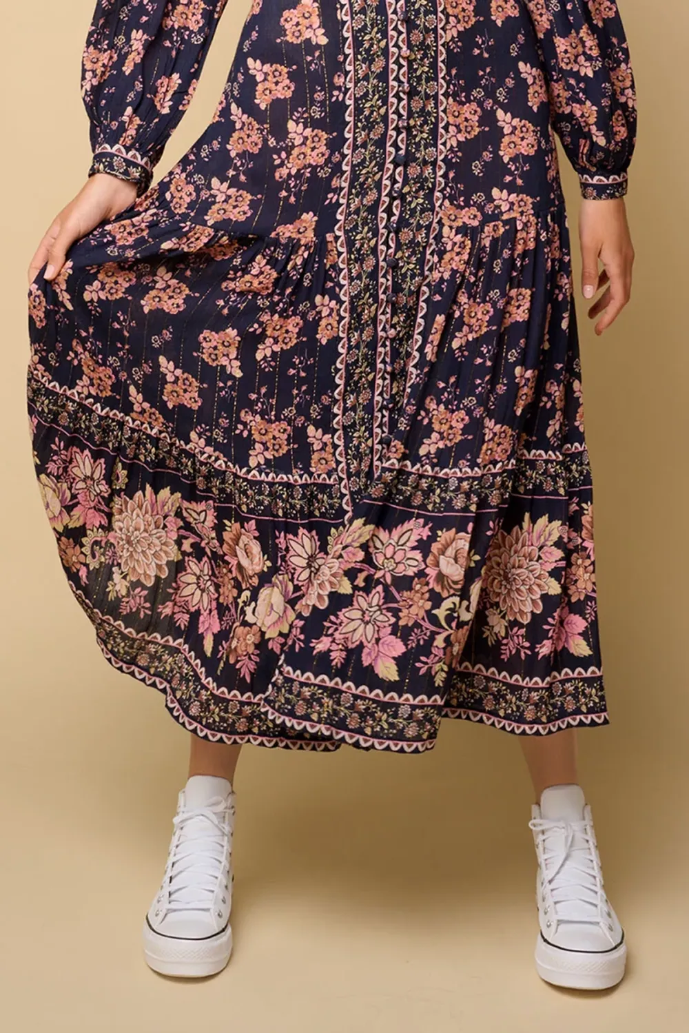 Navy And Pink Floral Print Long Sleeve Maxi Dress