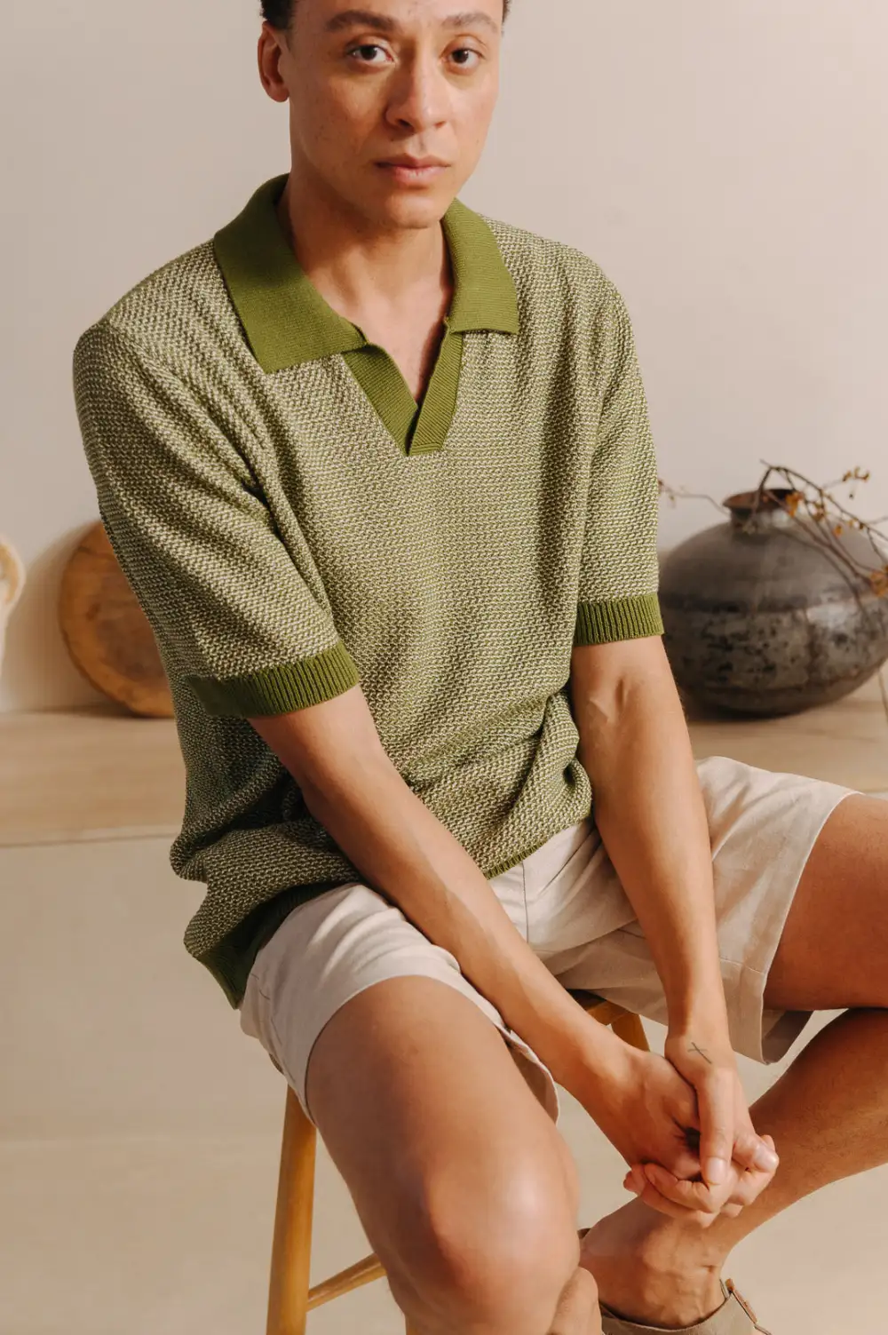 Green Melange Knit Resort Polo