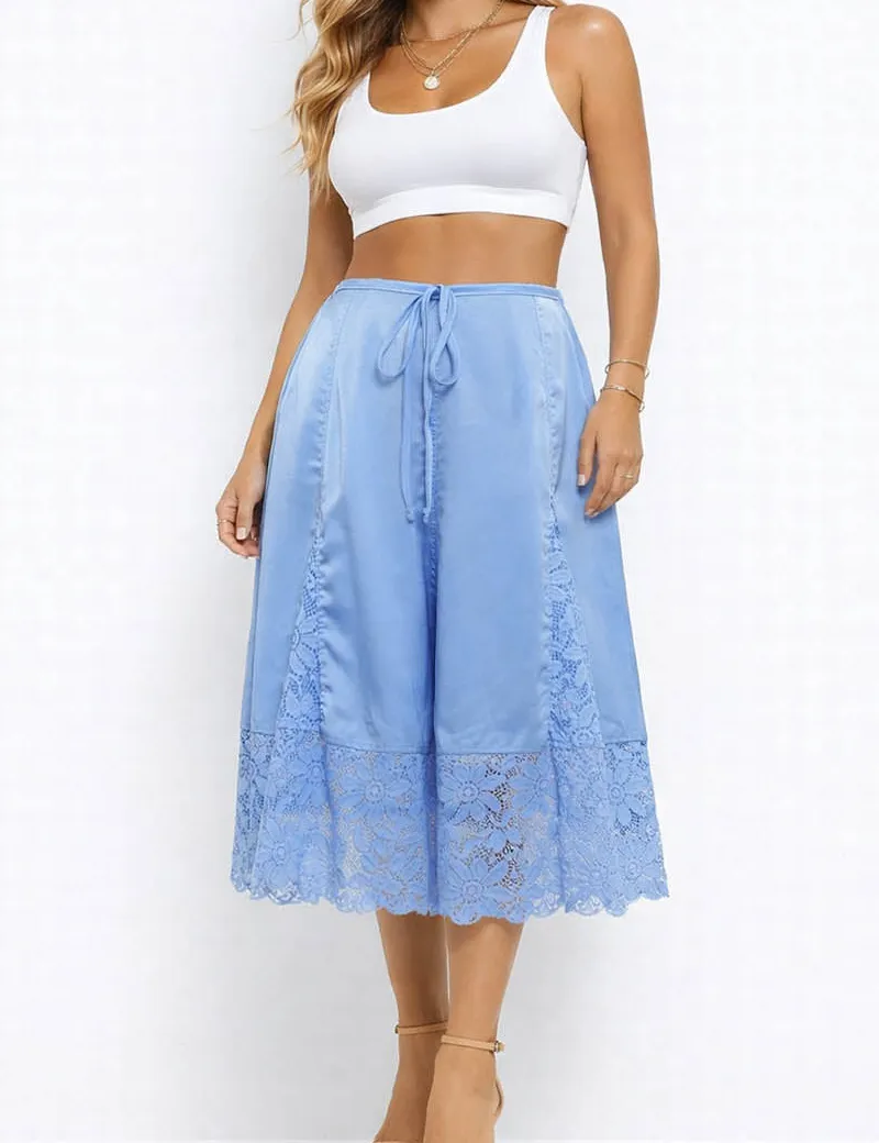 Boho Lace Hem Drawstring Waist Wide Leg Shorts