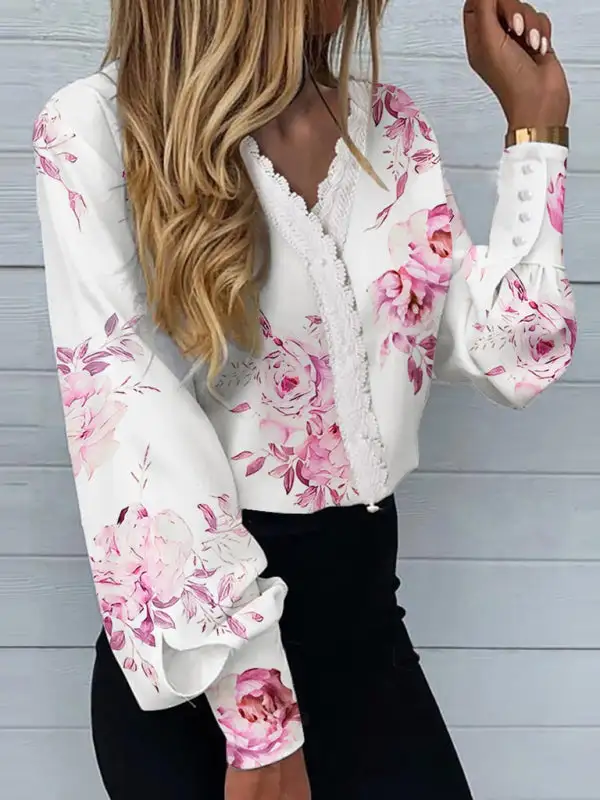 Lace Trim Long Sleeve Blouse