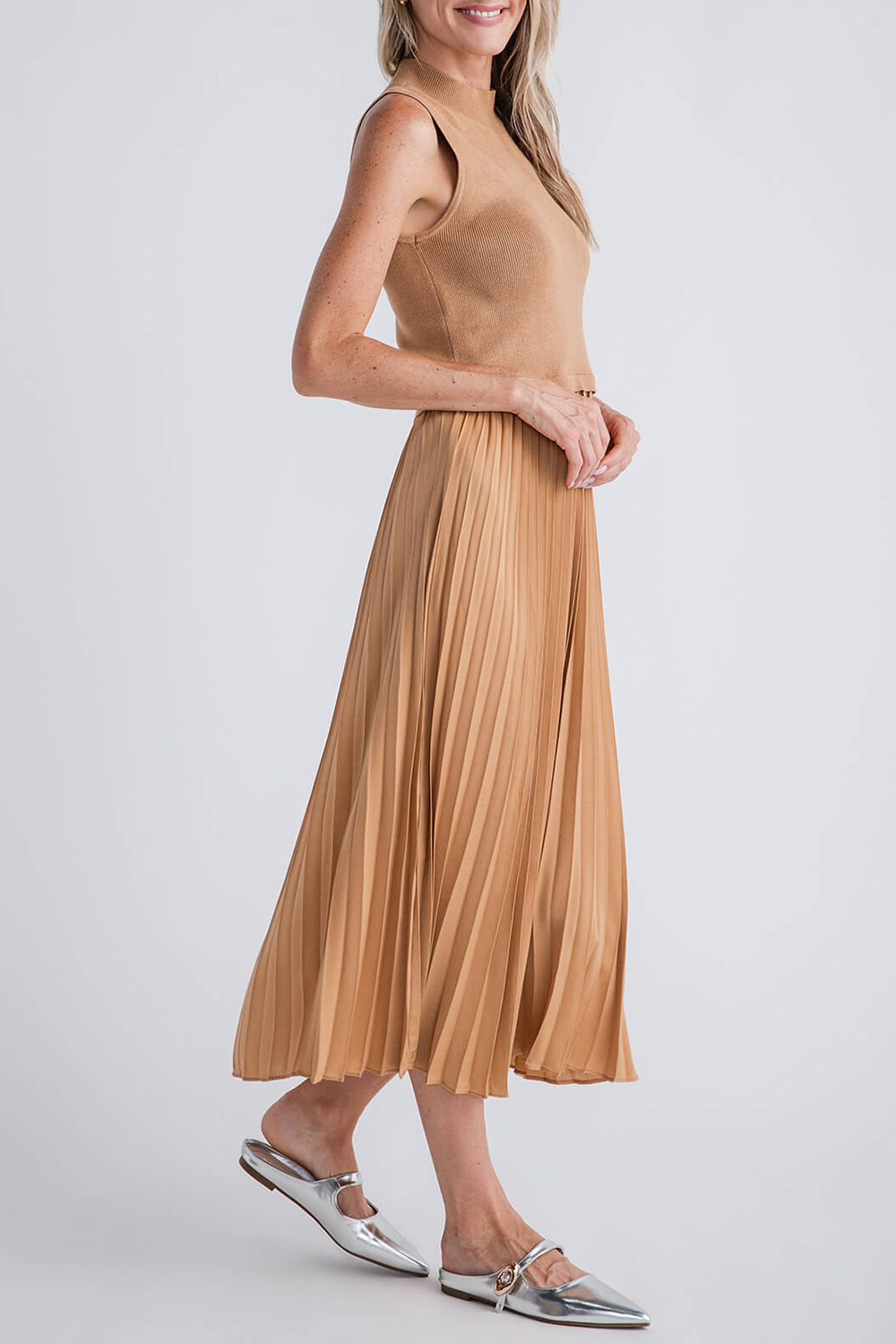 Skies Are Blue Pleated Contrast Mock Neck Dress - tan