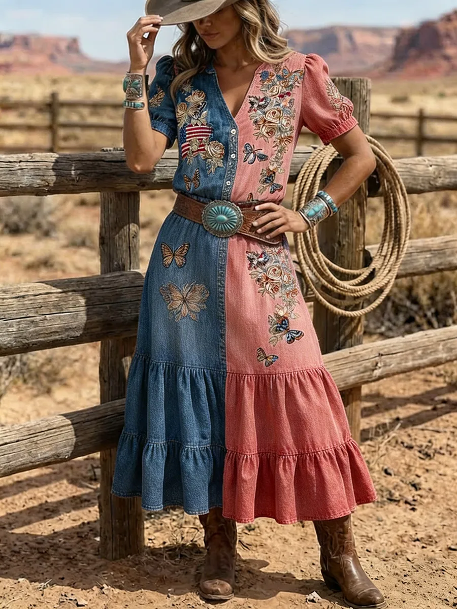 Women's Western Butterfly Embroidered Patchwork Denim Maxi Dress