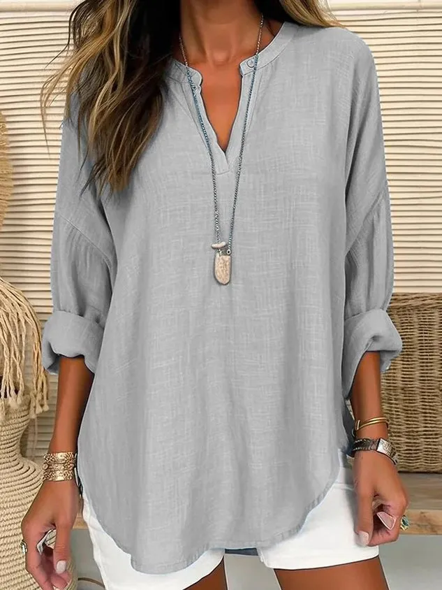 V Neck Long Sleeve Plain Regular Loose Shirt For Women 2023