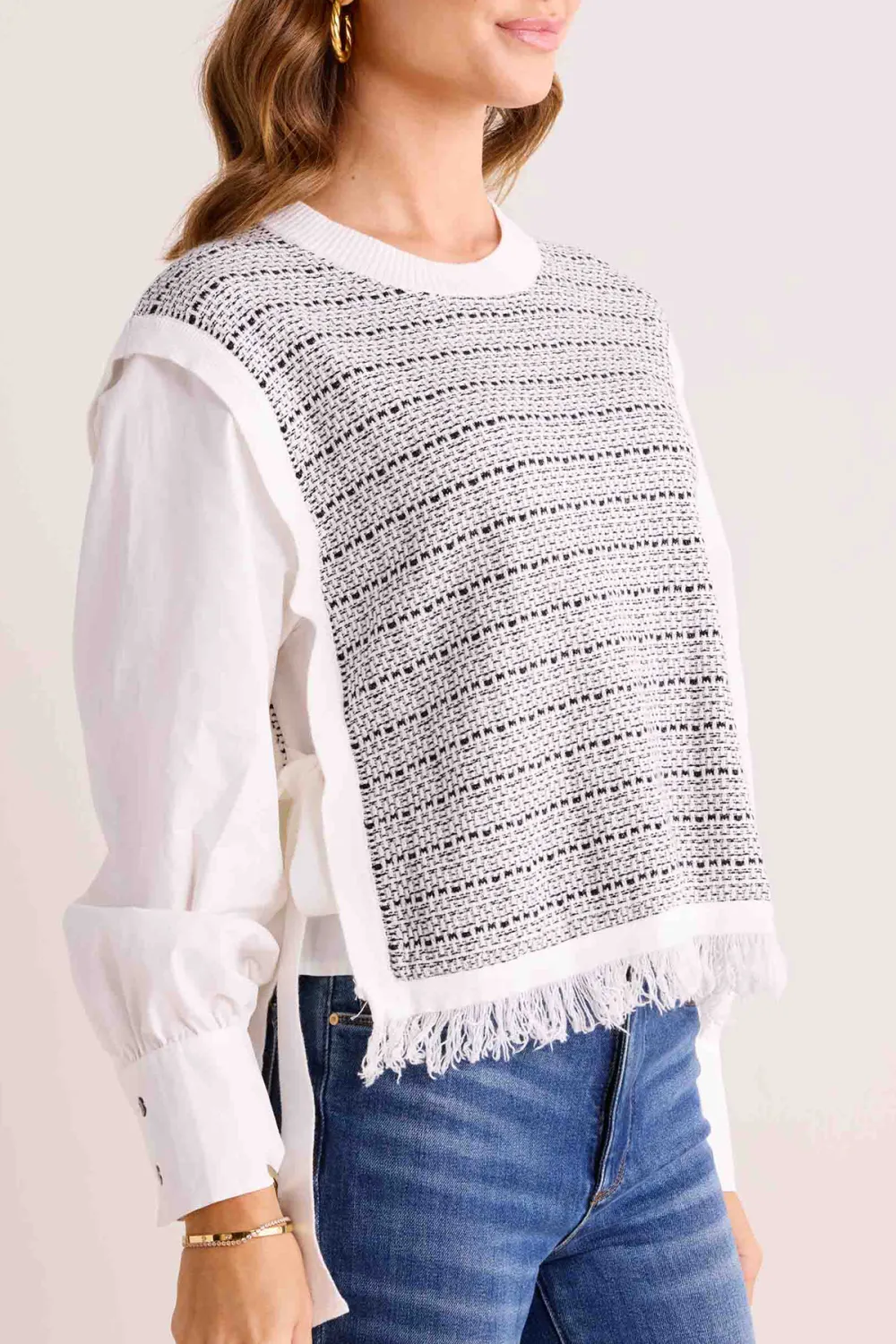 Fringed Contrast Sleeve Cotton Top