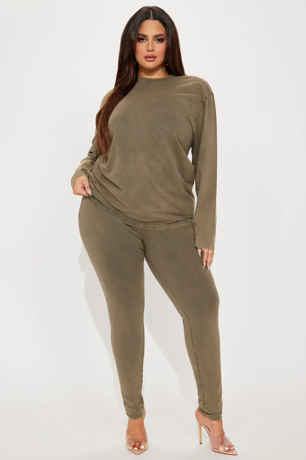 Stepping Out Mineral Wash Long Sleeve Legging Set - Olive