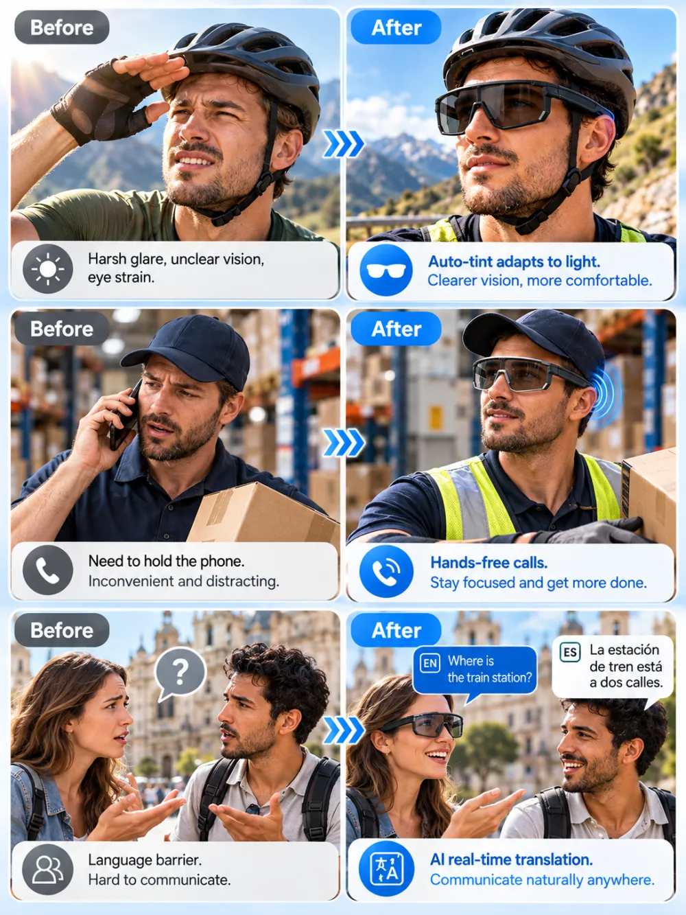 AI Smart Translation Bluetooth Sports Windproof Glasses with Photochromic Lenses, Hands-Free Calling, AI Translation, UV400 Protection, Lightweight, Voice Assistant for Cycling and Warehouse Work
