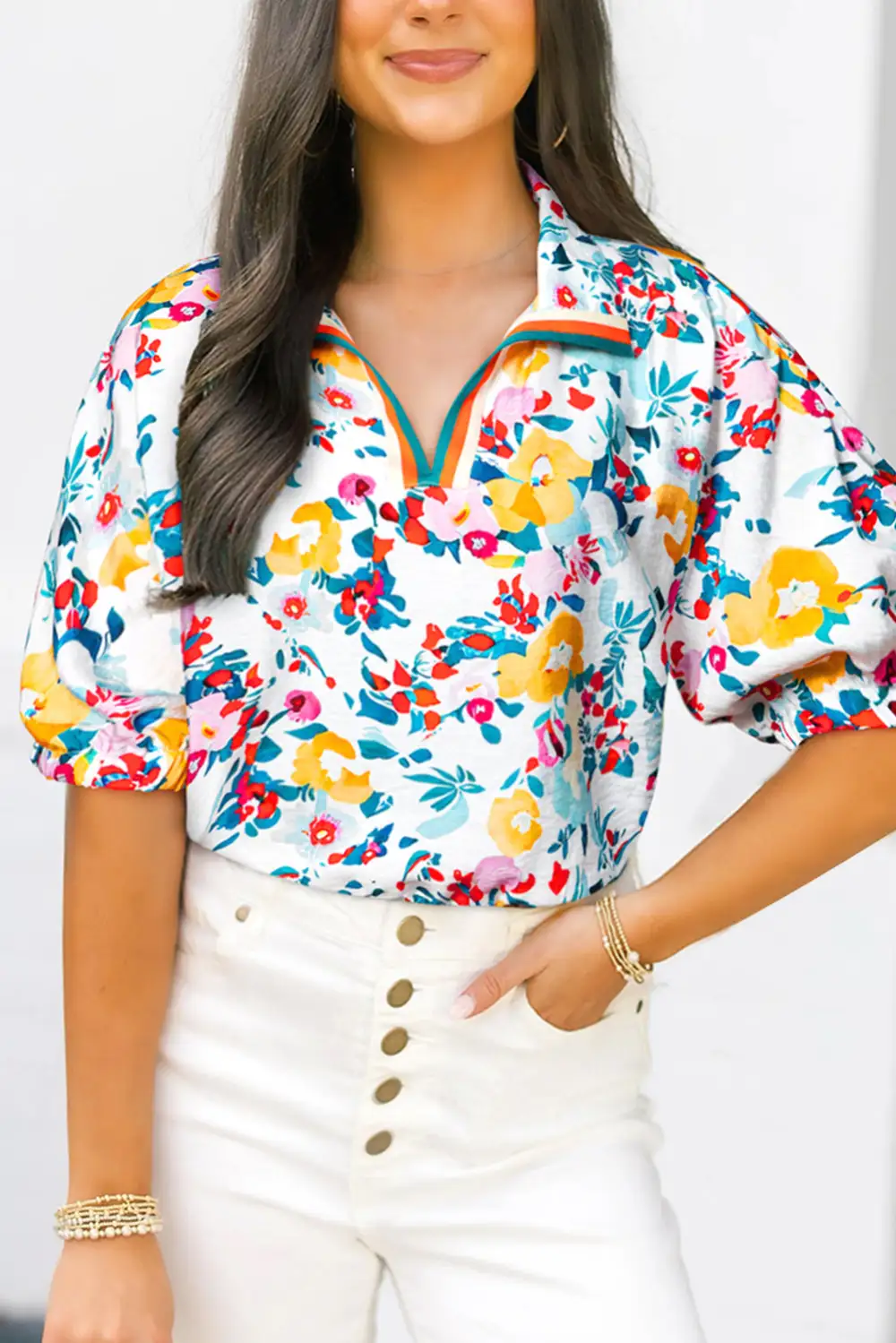 Softly Styled Floral V-Neck Short Sleeve Blouse