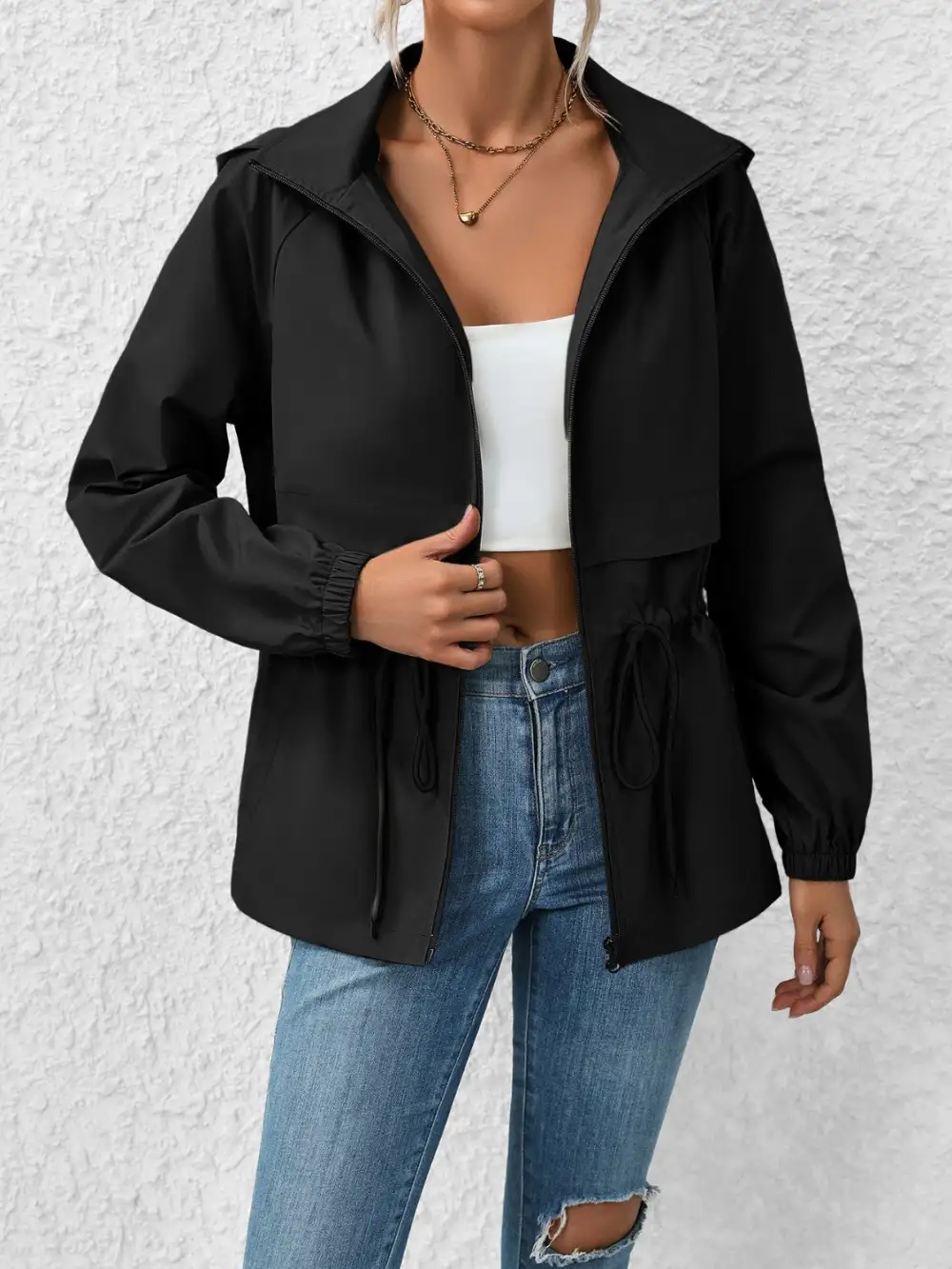 Drawstring Zip-up Hooded Jacket