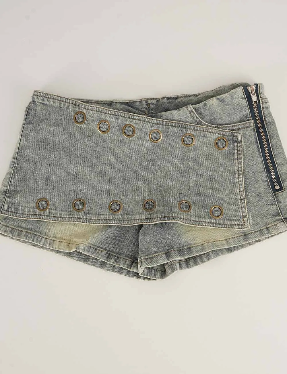 Metal Eyelet Wrap Denim Mini Shorts