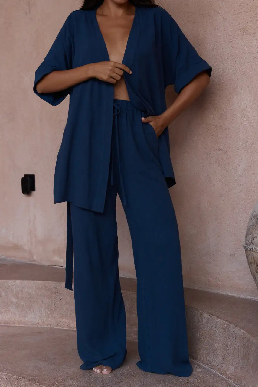 Navy Blue Cotton And Linen Pants