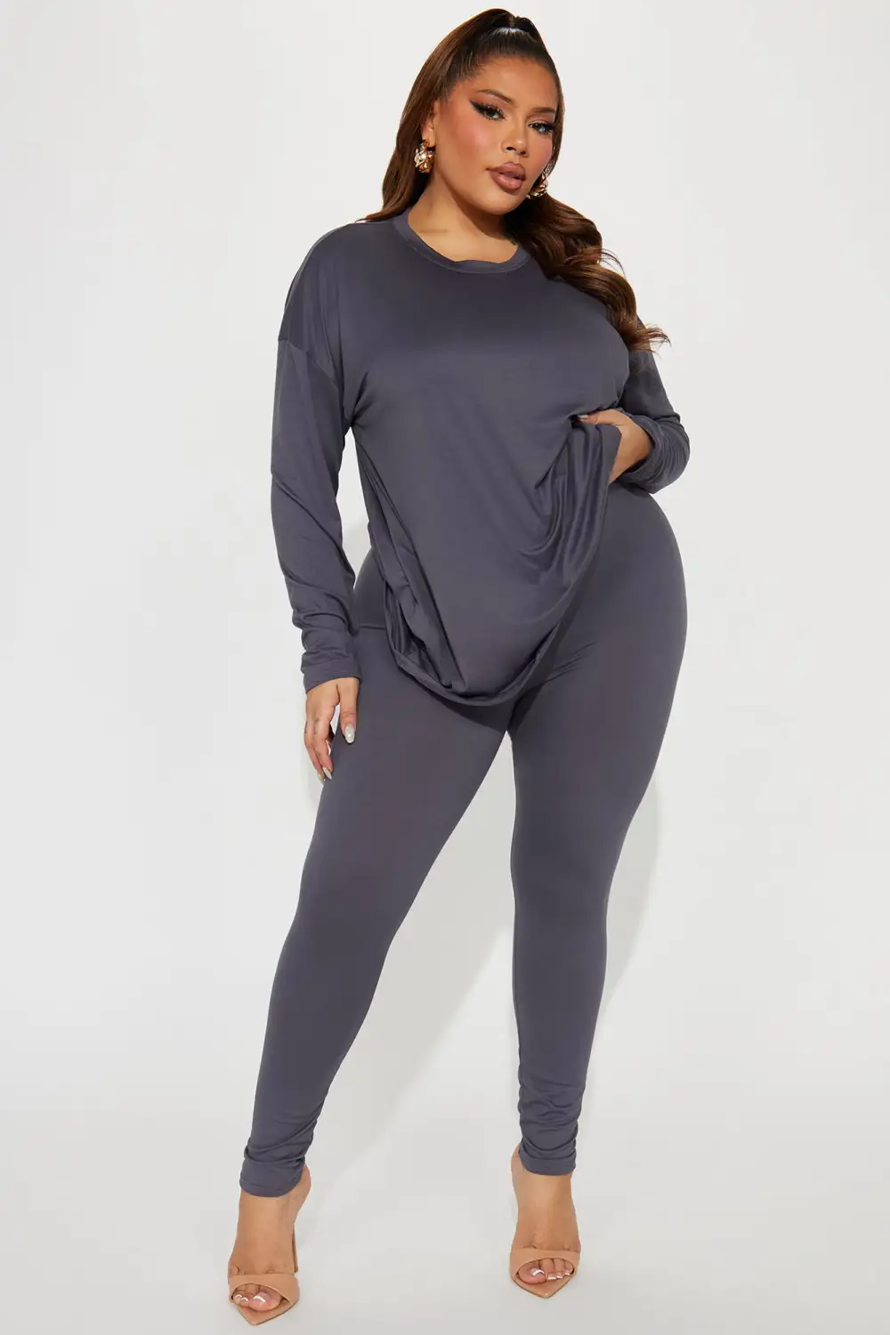 Weekend Vibes Long Sleeve Set - Charcoal