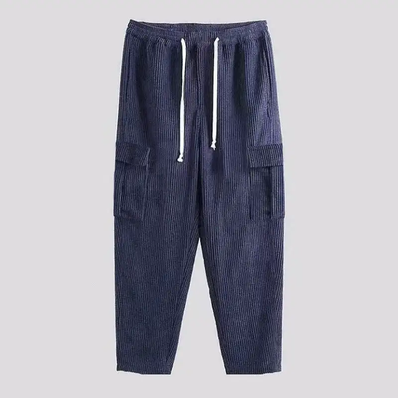 Men's Corduroy Cargo Pants Waistband Pockets Leg Cargo Pants