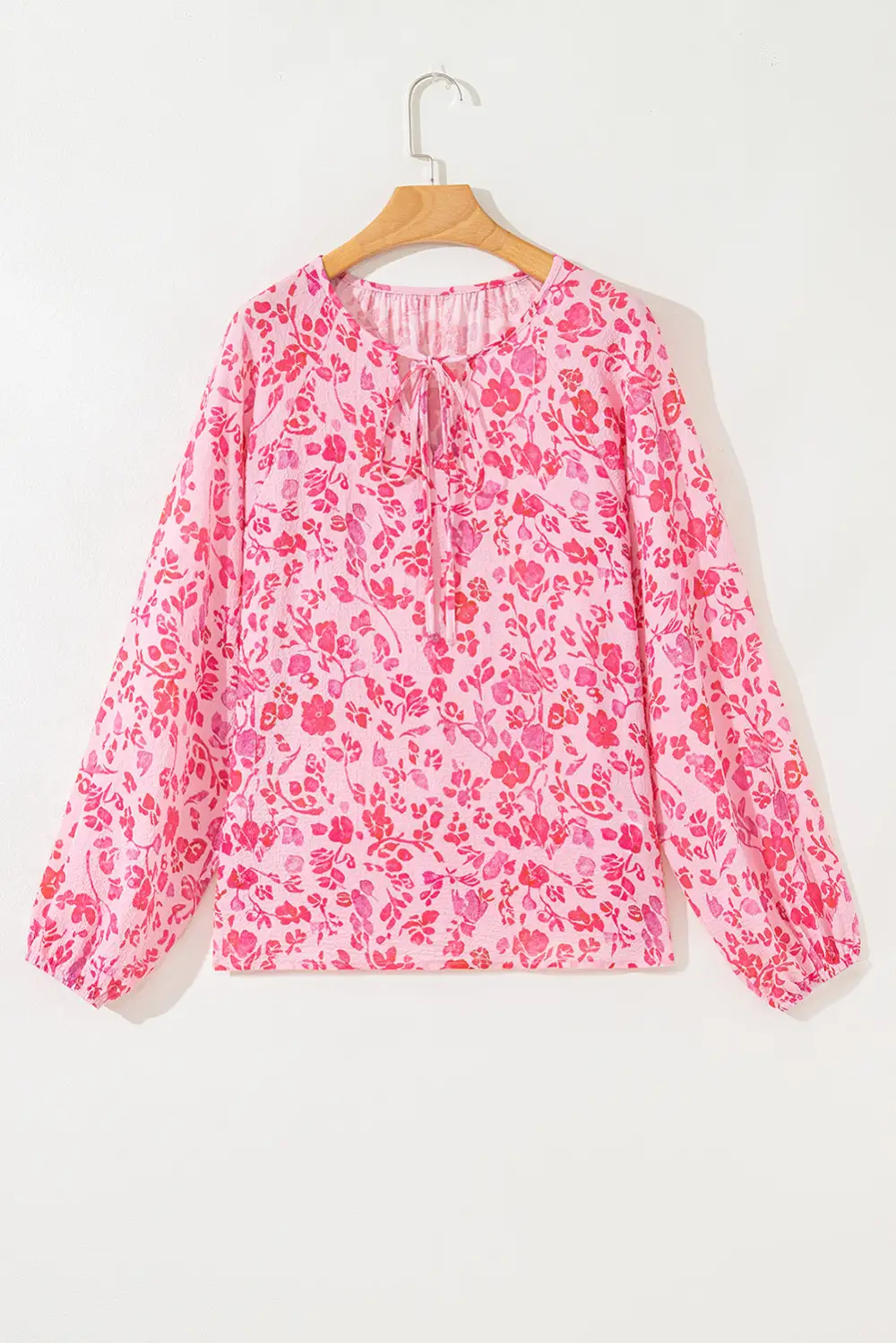 Pink Floral Puff Sleeve Split Neck Lightweight Blouse
