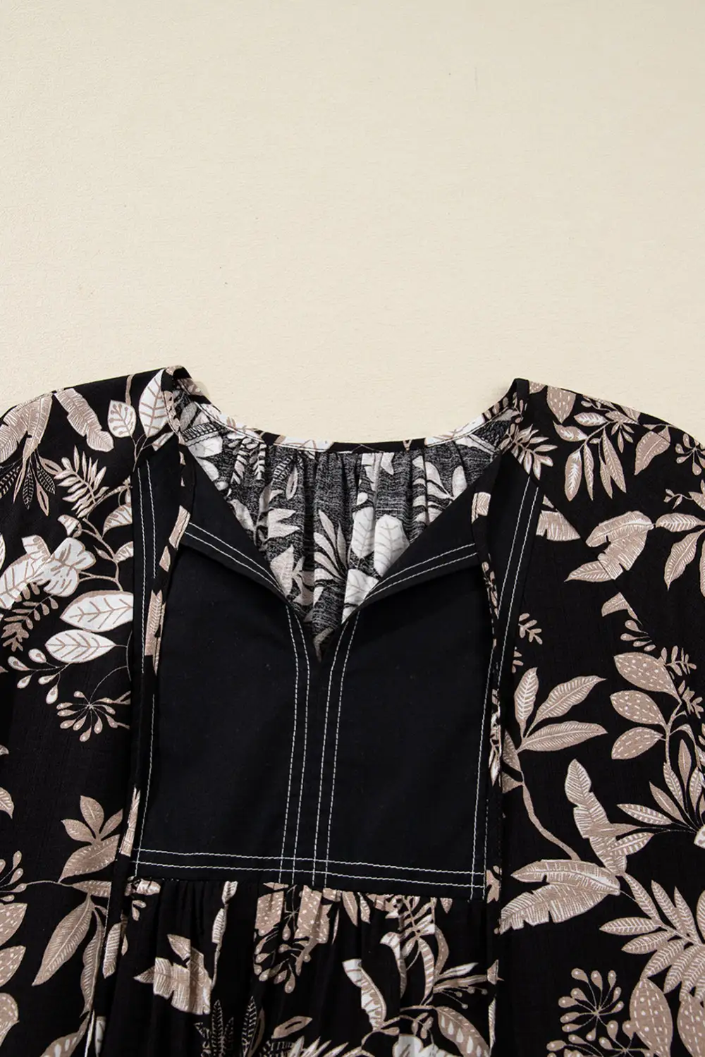 Sleeve Botanical Print Split Neck Loose Mini Dress