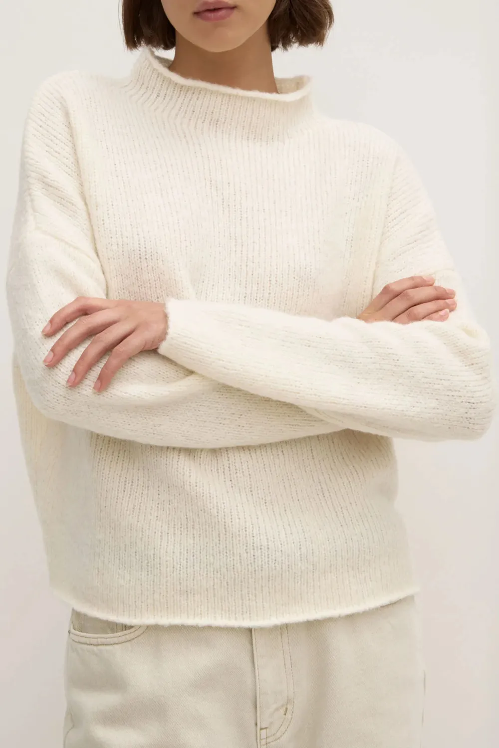 Loose Knit Sweater With Shoulder Drop And Stand Up Collar