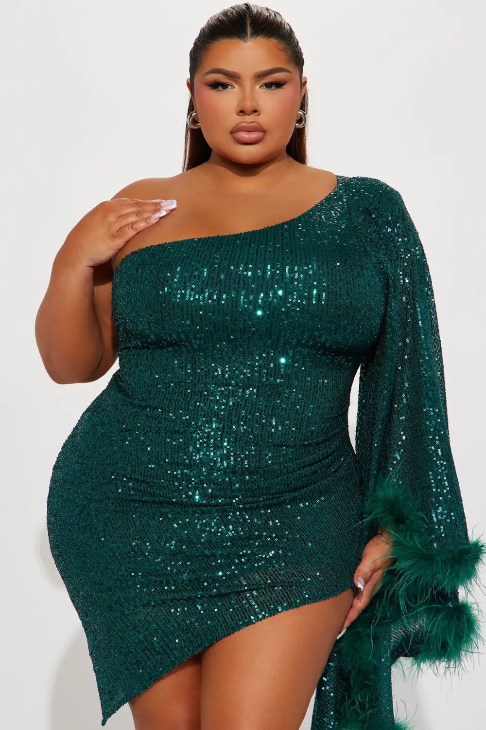 All The Glam Feathered Mini Dress - Hunter