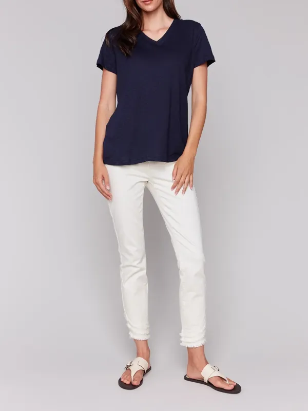 V-Neck Loose Solid Color Skin-Friendly Linen Short Sleeves