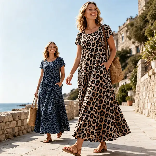 Hot Sale -60% OFF-Women's Leopard Print Maxi Dress with Pockets Casual Short Sleeve Long Dress