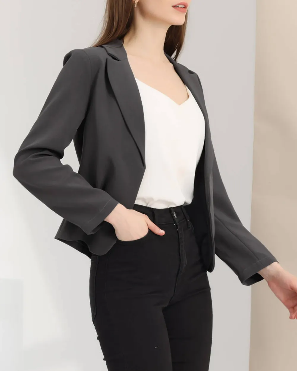 Open Front Crop Suit Blazer Jacket