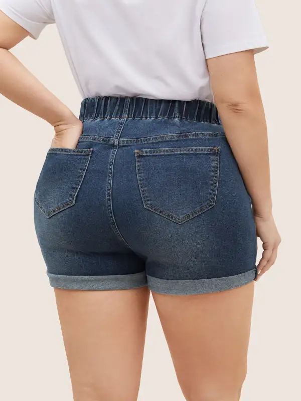 Dark Wash Elastic Waist Roll Hem Denim Shorts