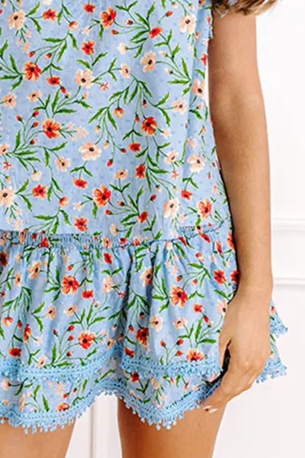V-Neck Ruffled Cotton Botanical Print Ladies Top