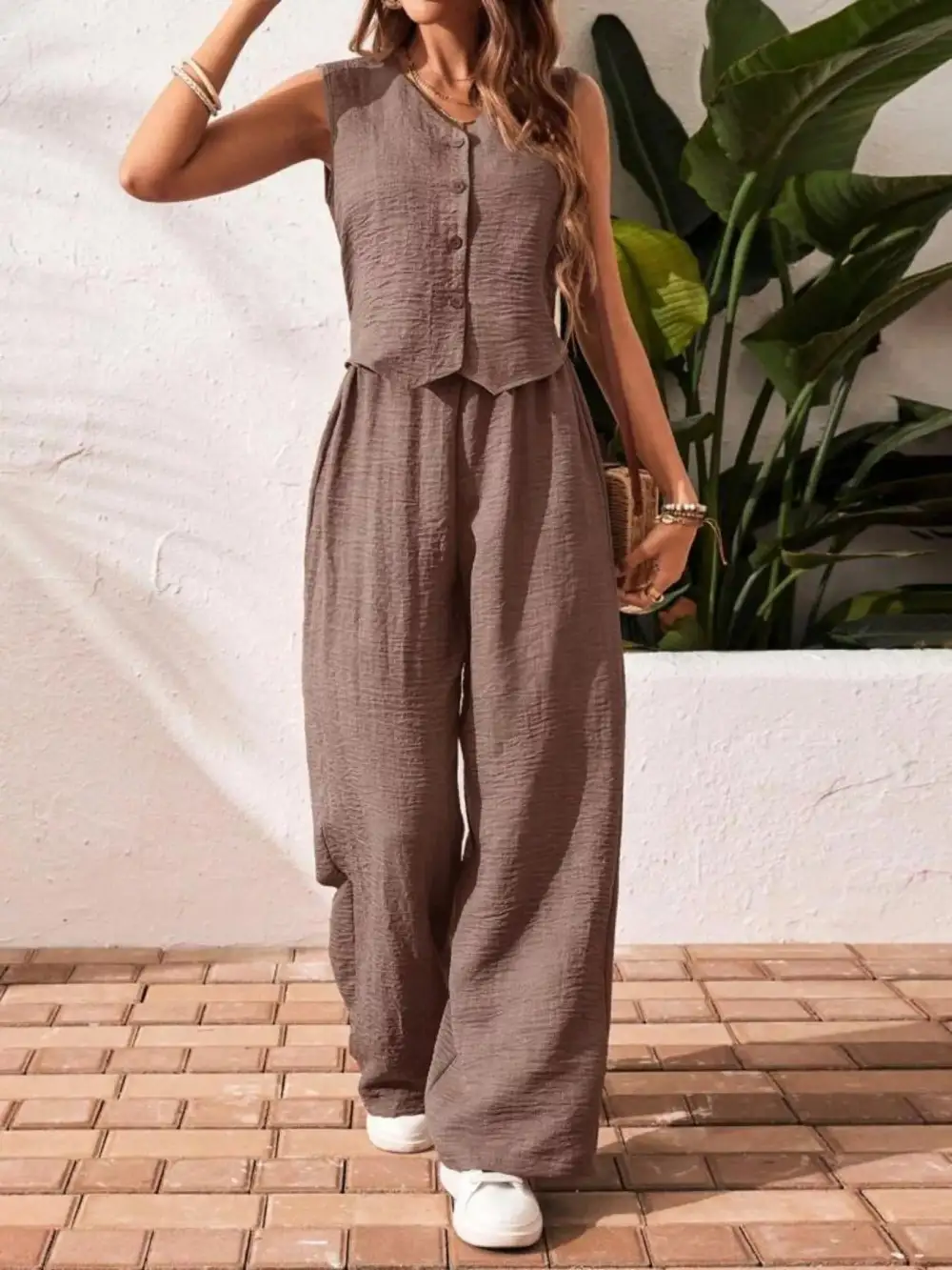 Button Front Wide Leg Jumpsuit