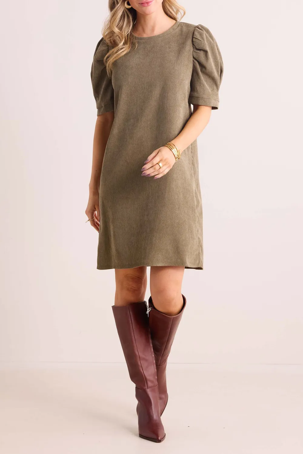 Khaki Puff Sleeve Shift Dress