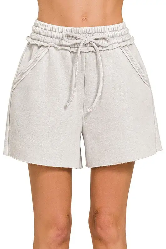 Acid Washed Drawstring Shorts in Light Cement