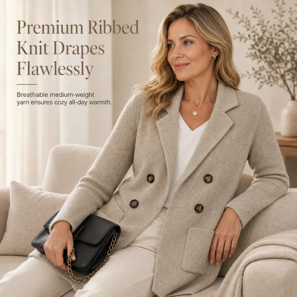 🌸Women's Double-Breasted Ribbed Knit Cardigan with Pockets and Notched Lapel