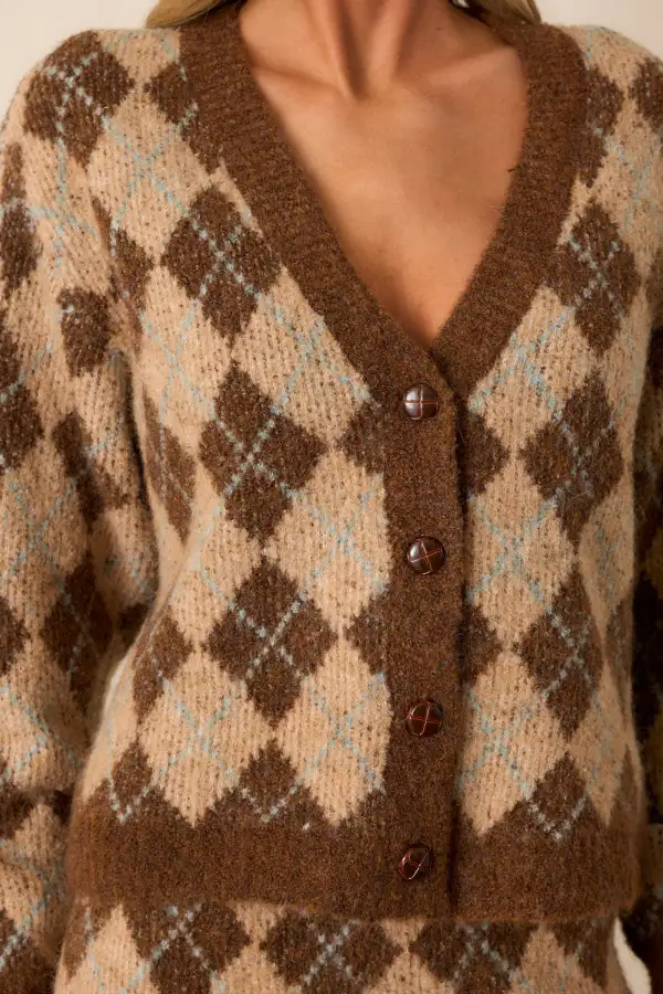 Radiant Moon Brown Argyle Knit Cardigan