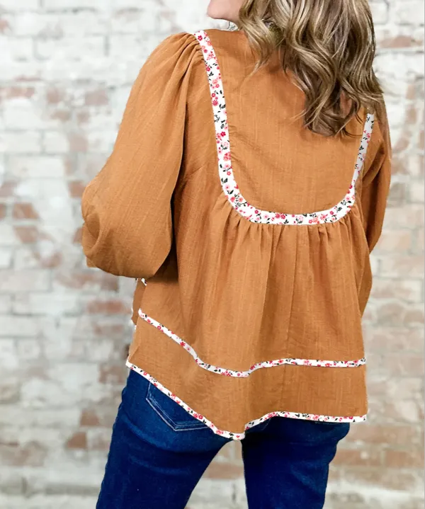 Straw Yellow Split Neck Pleated Floral Trim Long Puff Sleeve Blouse