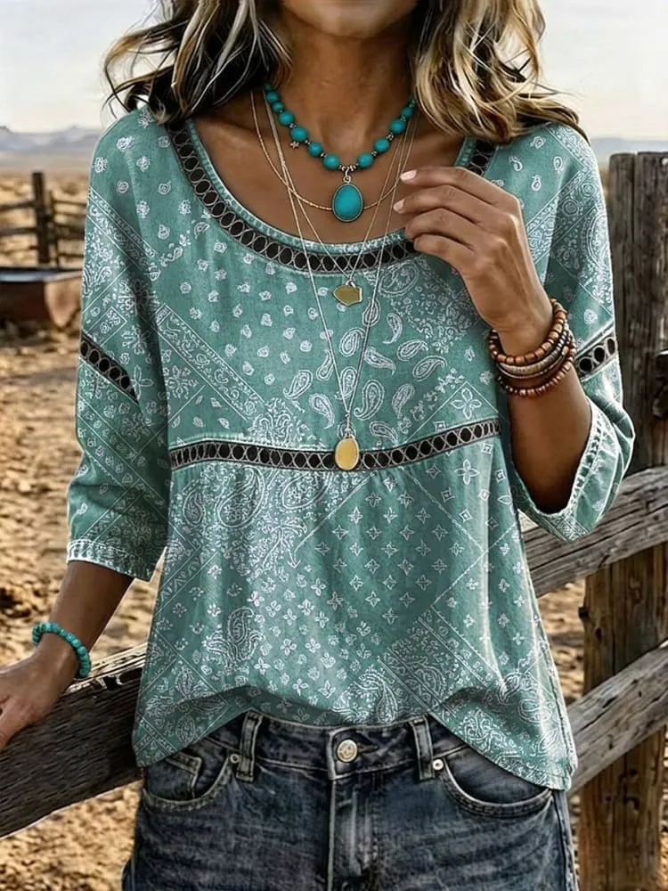 Women's Paisley Print Casual Hollow Denim Shirt