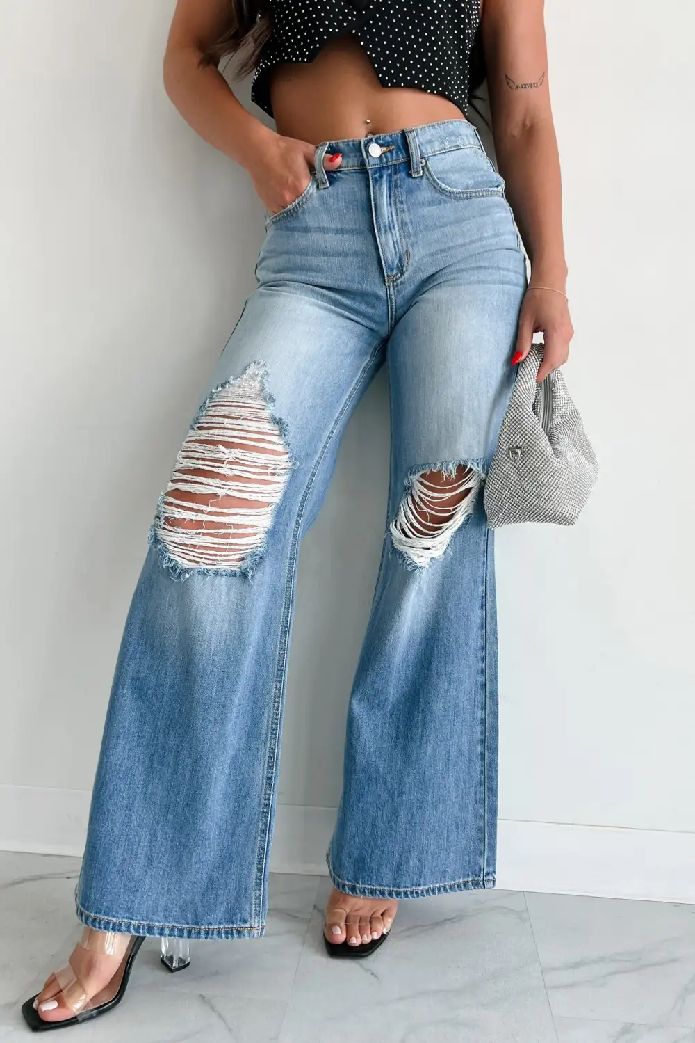 High Rise Distressed Wide Leg Sneak Peek Jeans