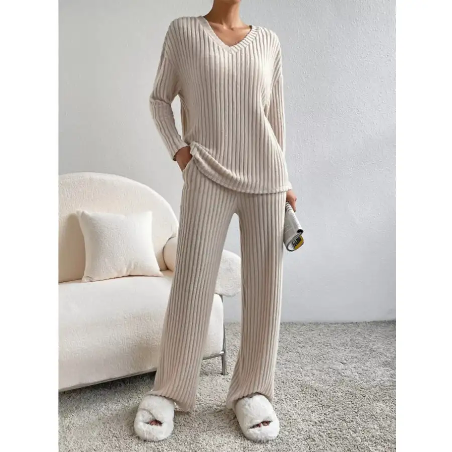 Ribbed Knit Long Sleeve Top and Pants Set
