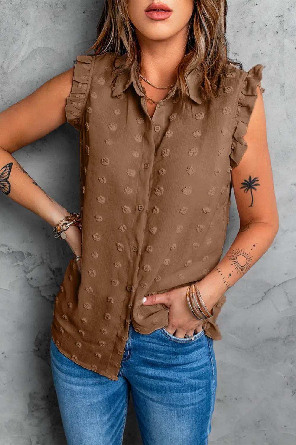 Turn-down Collar Ruffle Polka Dot Tank Top