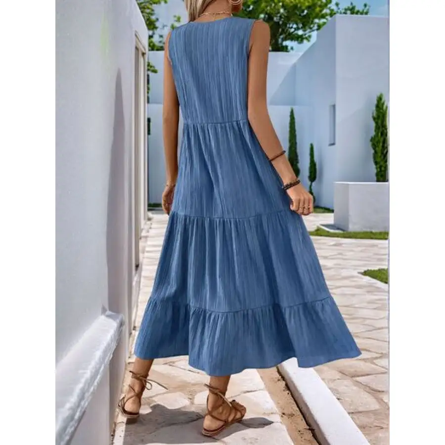 Perfee Decorative Button Notched Sleeveless Tiered Dress