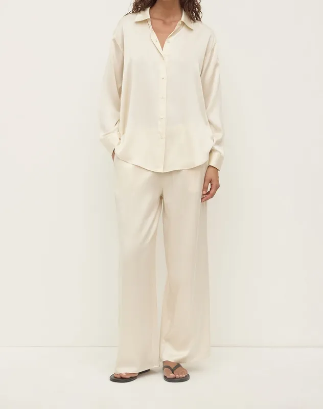 Cream Silk Wide-Leg Pant