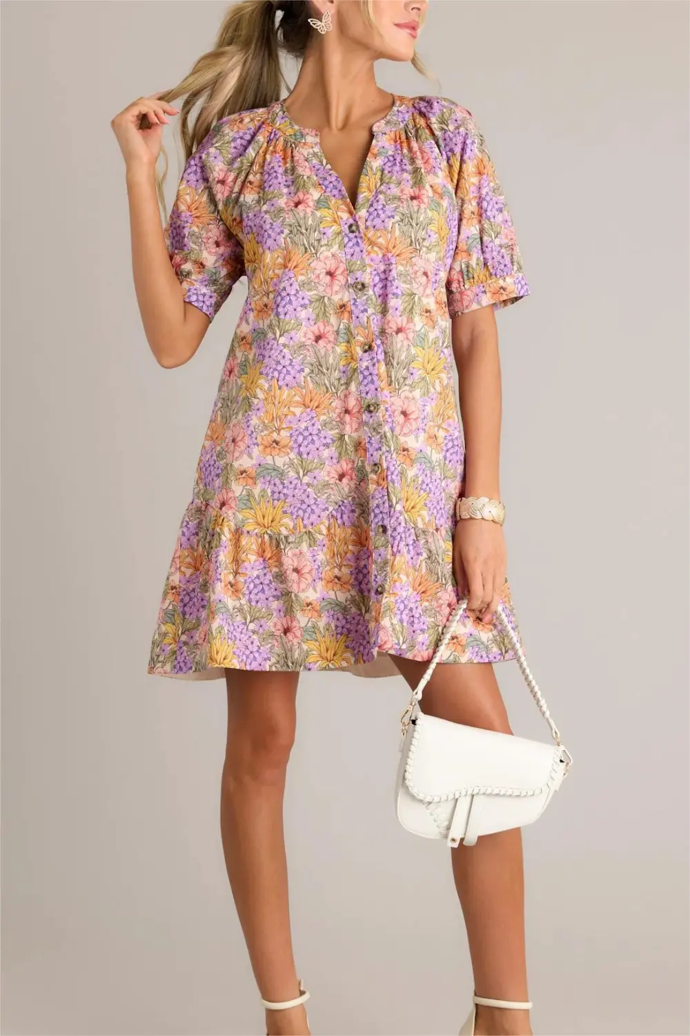 GARDEN GLOW 100% COTTON LAVENDER MINI SHIRT DRESS