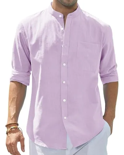 Men's Cotton Linen Long Sleeve Shirts Casual Button Down Banded Collar Shirt Beach Summer Tops with Pocket