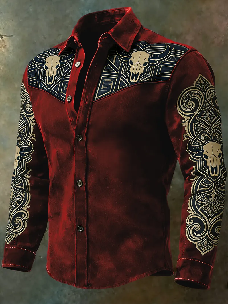 Men's Bull Skull Tribal Print Ornate Western Gothic Casual Long Sleeve Shirt
