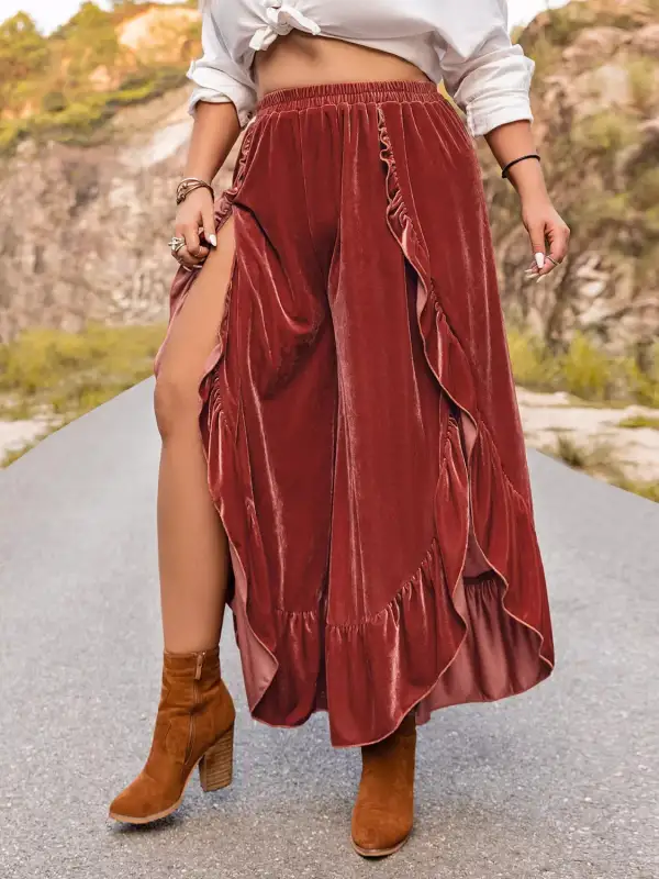 Everyday Velvet Ruffle Hem Wide Leg Pants