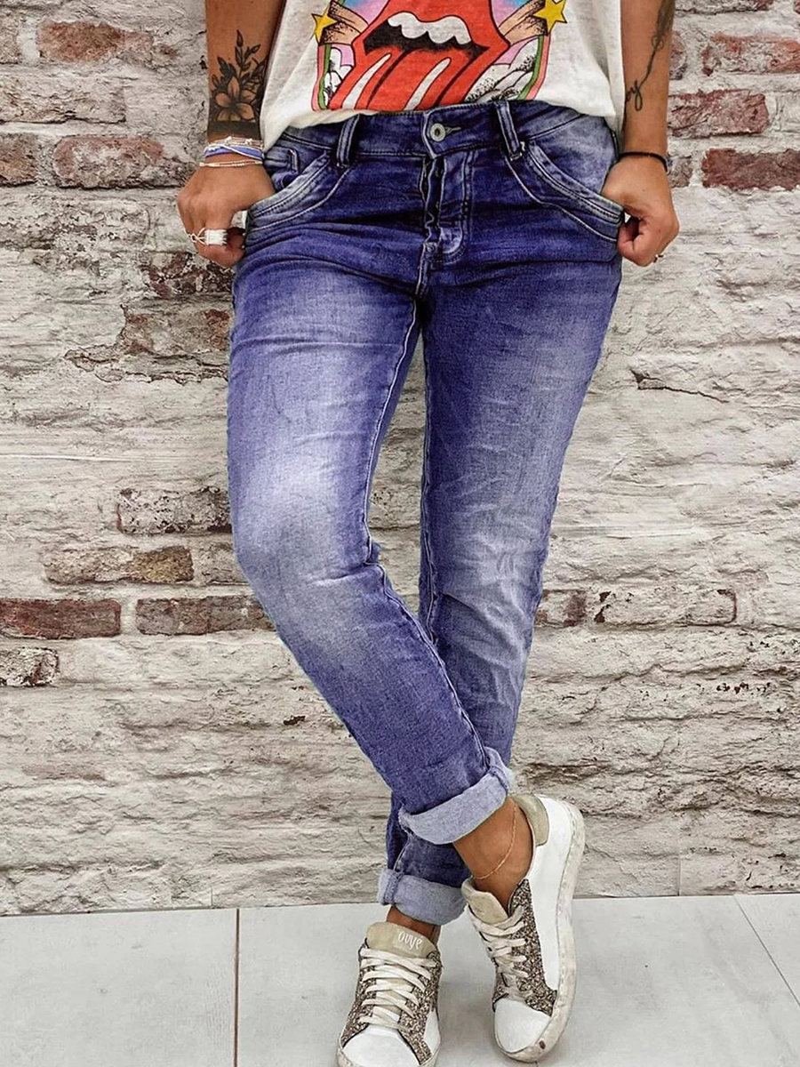 Blue denim minimalist solid color pocket jeans