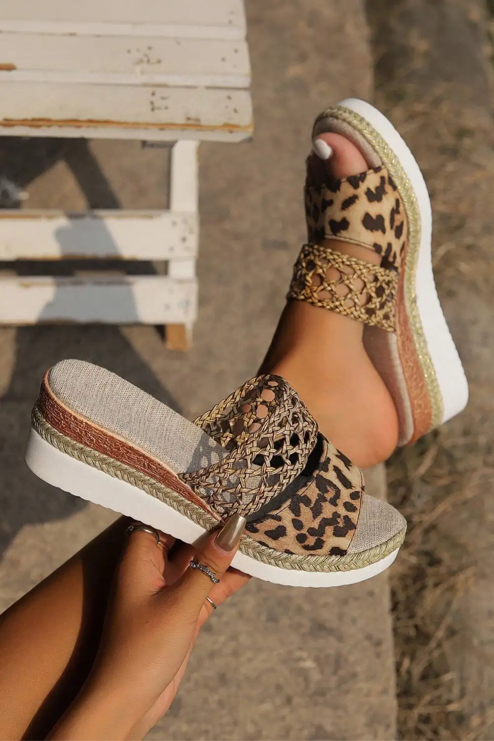 Leopard Print Braided Details Wedge Slide Slippers