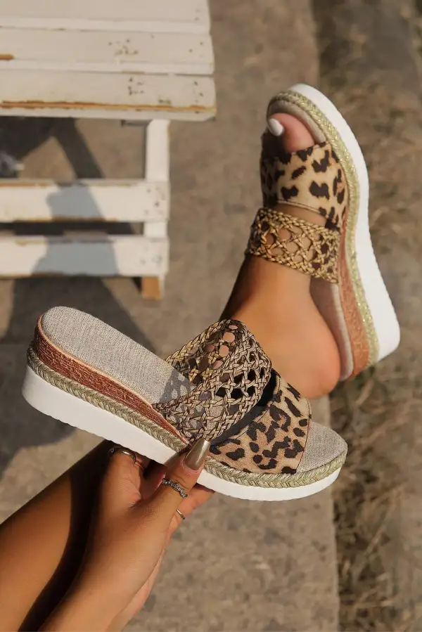 Leopard Print Braided Details Wedge Slide Slippers