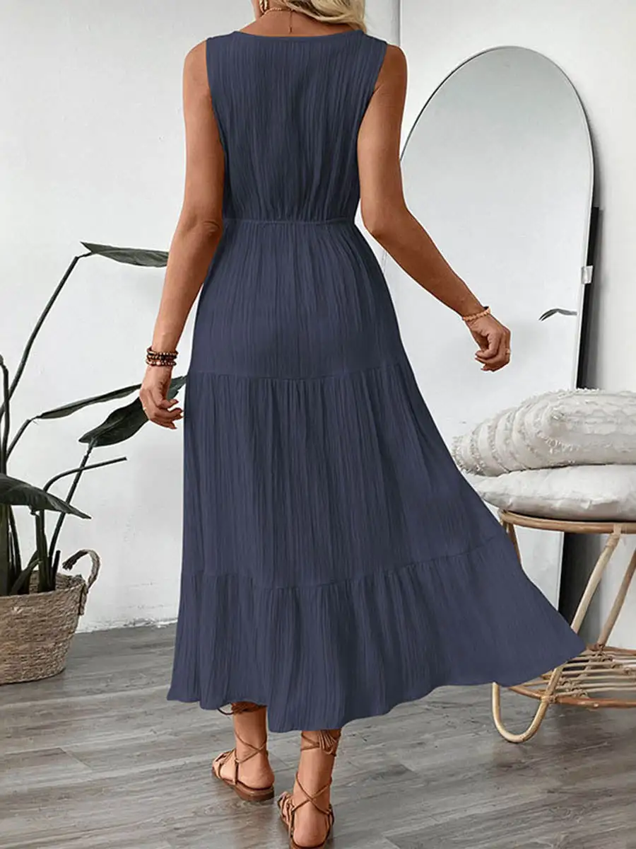 Waisted Pleated Buttoned Neck Maxi Dress