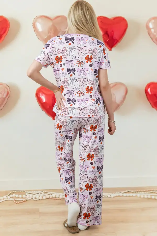 Bow Print Button Front Short Pajama Set